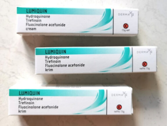 Lumiquin Hydroquinone Tretinoin Fluocinolone Acetonide cream tube.